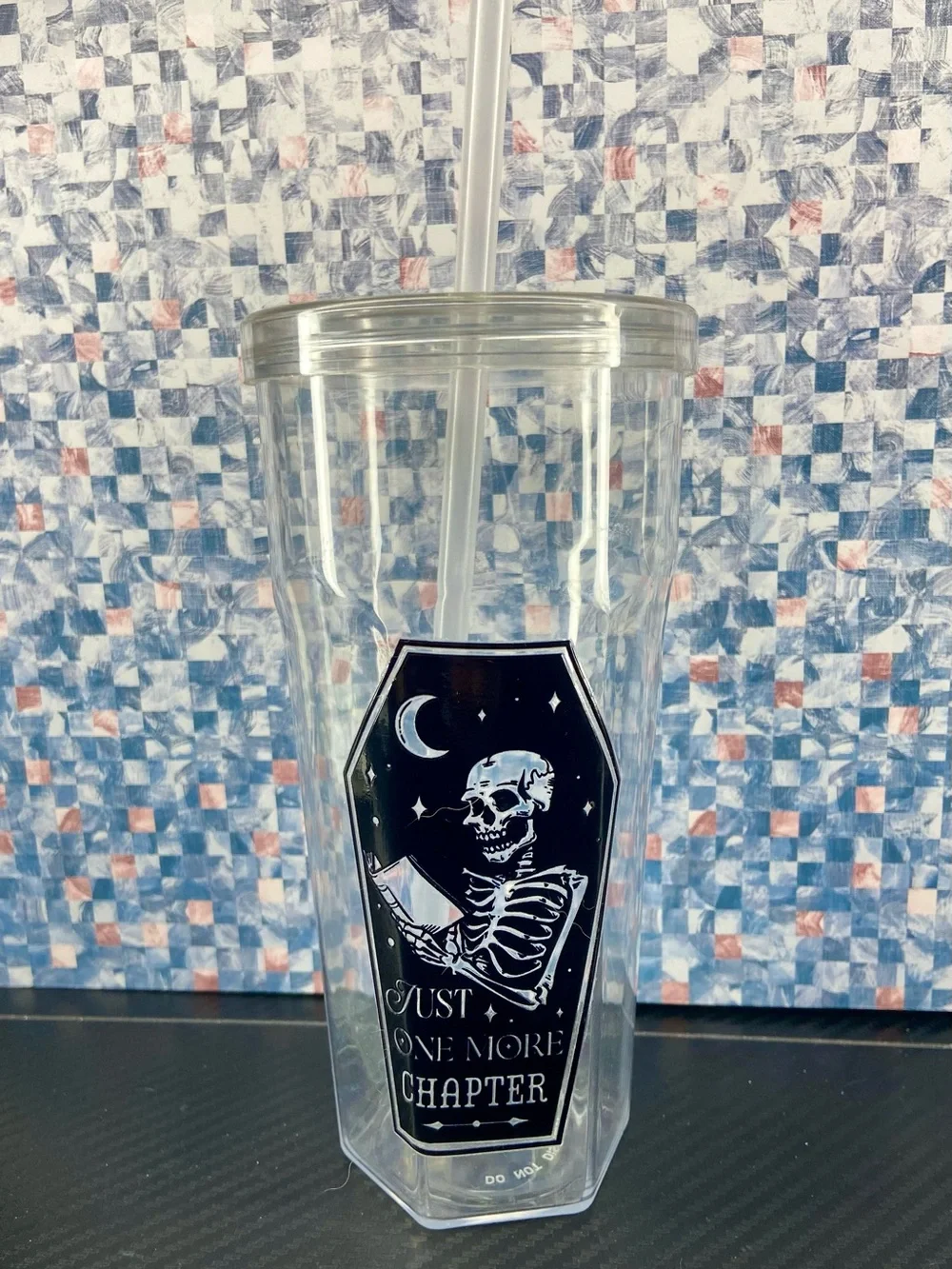 Clear Travel Tumbler with Black Coffin Skull Design - 'Just One More Chapter'